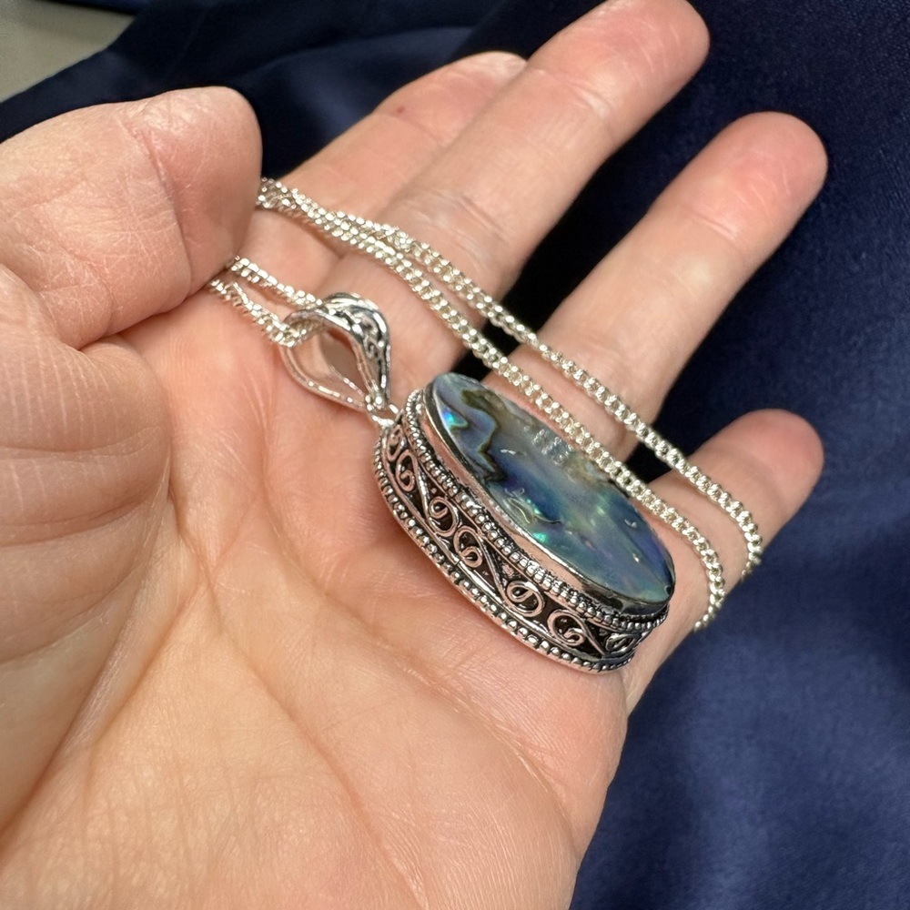 Pendant 925 Sterling Silver Abalone Statement Necklace 18” Chain - Picture 4 of 8